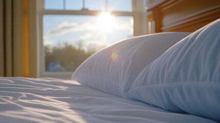 A serene morning scene featuring soft pillows on a neatly made bed, illuminated by gentle sunlight streaming through a window, This image is ideal for promotions related to home decor, hospitality