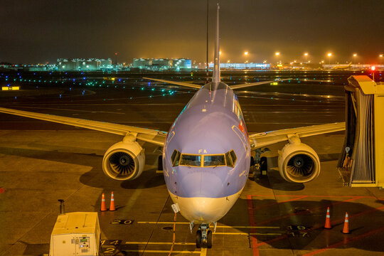 Schiphol, Netherlands - 28 January 2019: KLM plane sitting on the tarmac at night early morning Schiphol airport, Netherlands