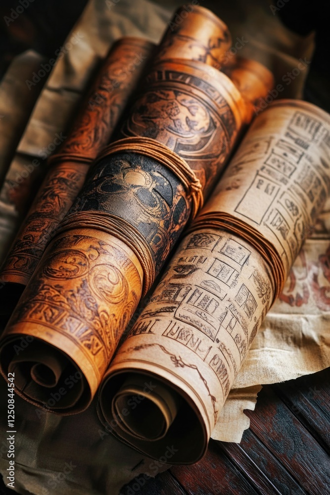 Poster three rolled up books sitting on a table, possibly stored or waiting to be used
