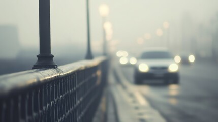 Foggy urban scene with blurred car driving on a wet bridge illuminated by streetlights