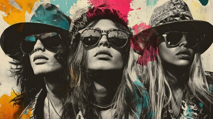 Stylish summer fashion portrait of three diverse models with sunglasses and hats, showcasing vibrant colors, cool emotions, and a beach inspired vibe