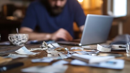 Fototapeta premium Scattered banknotes and paperwork on a wooden table with a laptop in an informal home workspace : Generative AI