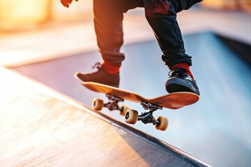 A person rides a skateboard on a skate ramp