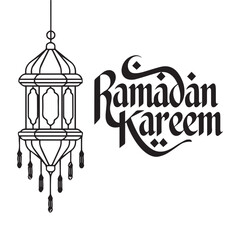 Silhouette sketch of Mosque with Domes, Minarets, Archways, and 'Ramadan Kareem' Calligraphy Design