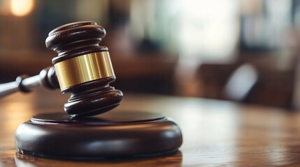 Closeup view of a wooden gavel resting on a circular block representing authority and decisionmaking in the legal field : Generative AI