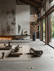 Serene Interior Space Concrete Fireplace Modern Design Elements Rock Stones Interior Zen Atmosphere