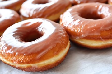 Freshly baked doughnuts on a wooden table, perfect for a coffee break or snack