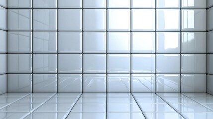 A clean, glossy white tiled room corner showcases a contemporary and minimalistic look, suitable for interior design, architecture, or bathroom renovation projects