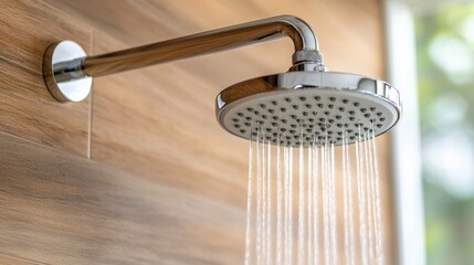 A modern shower head with flowing water, set against a wooden wall backdrop, ideal for wellness, home improvement, and bathroom renovation themes, Perfect for lifestyle, design, and plumbing projects