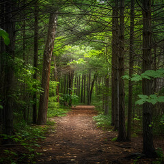 Obraz premium Tranquil Pathways: A Peaceful Walk Through Serene Forest Trails Touched by Gentle Sunlight