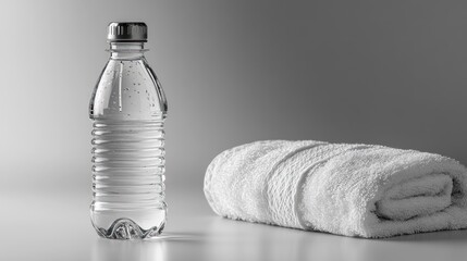 Water bottle and towel on table, gym background, fitness prep