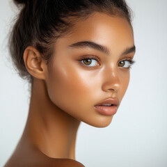 Naklejka premium Beautiful woman with flawless skin, portrait of a beautiful young model in close-up, on a white background