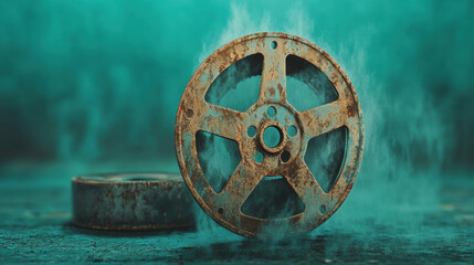 Obraz premium A high-fidelity 3D rendering of an old film reel unraveling, ideal for vintage film and media-related projects.