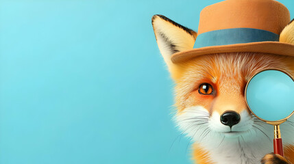 A clever fox dons a stylish hat, peering through a magnifying glass in a vibrant setting