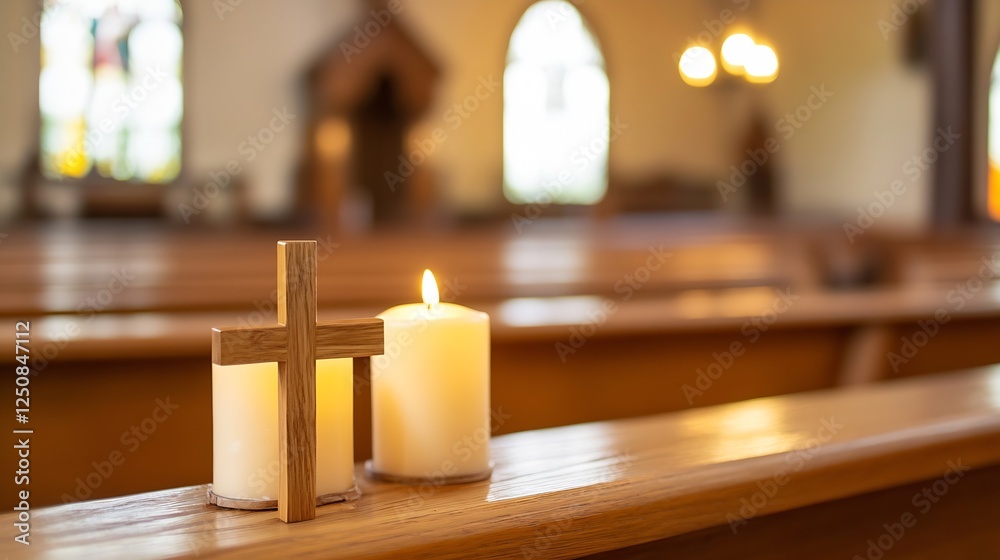 Poster Calming church altar scene with cross and lit candles creating a serene atmosphere : Generative AI