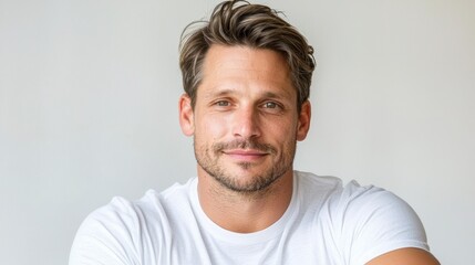 Obraz premium A confident man with a charming smile poses against a soft, neutral background, This photo can be used for marketing, lifestyle blogs, personal development, or wellness themes,