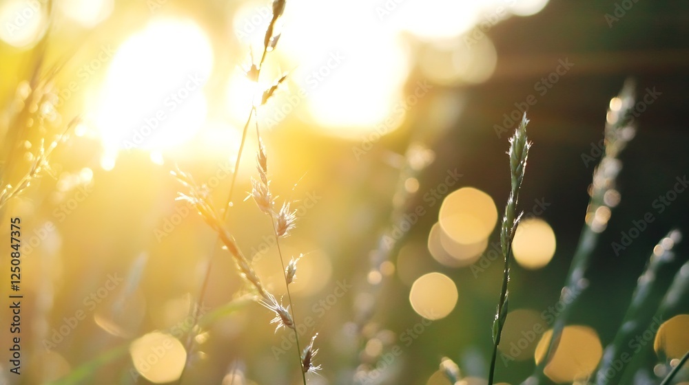 Leinwandbilder Golden sunlight filtering through grass blades creating a dreamy bokeh effect in a soft summer setting : Generative AI