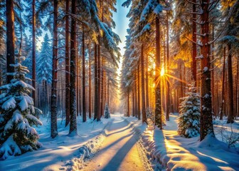 AI-generated winter wonderland: snowy path winds through a magical, cold forest.