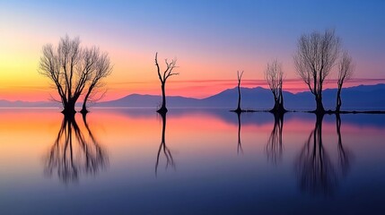Obraz premium Sunset reflection, lake trees, mountains, peaceful