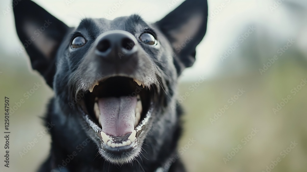 Poster charming black dog with a joyful expression showcasing excitement in a natural outdoor setting : gen