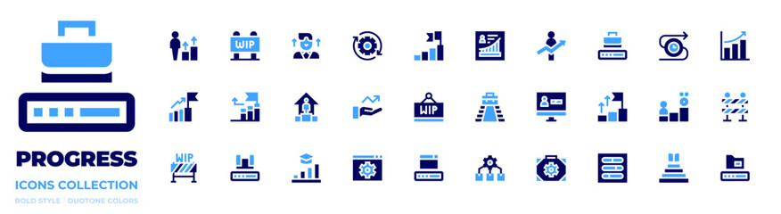 Progress icon collection. Bold style. Duotone colors. career, workinprogress, promotion, success, progress, loadingbar