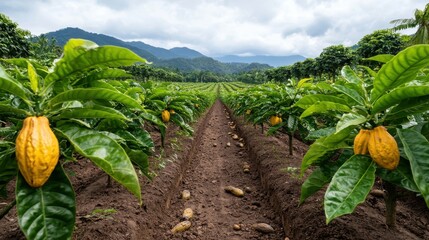 A lush cacao farm featuring rows of cacao trees with ripe pods amidst a mountainous backdrop under a cloudy sky.