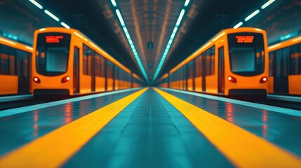 Trains departing from modern subway station urban city transport neon environment low angle view motion concept