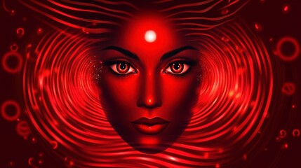 A Captivating Red Portrait of a Powerful Woman, Filled with Spiritual Energy and Intriguing Red Concentric Circles, Evoking Powerful Emotions.