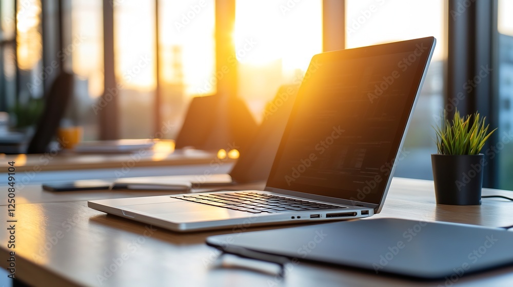 Poster elegant laptop placed on a desk bathed in golden sunlight with a green plant creating a serene works