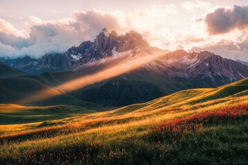 Sunlit Mountain Landscape with Wildflowers and Peaks at Dusk