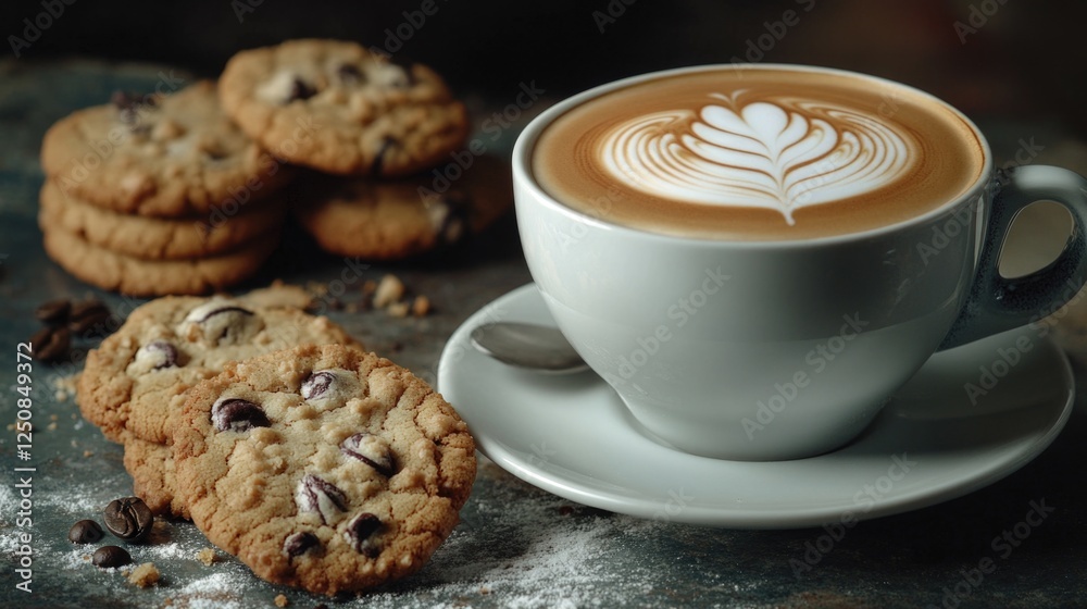 Poster a warm cup of coffee and a plate of cookies on a cozy table setting, perfect for a relaxing break