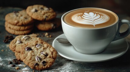 A warm cup of coffee and a plate of cookies on a cozy table setting, perfect for a relaxing break