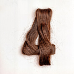 Naklejka premium Number 4 made of hair. A beautifully woven, glossy, reddish-brown braid. Smooth strands form a thick, intricate design, highlighting silky texture and shine for a healthy, stylish look