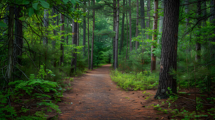 Obraz premium Tranquil Pathways: A Peaceful Walk Through Serene Forest Trails Touched by Gentle Sunlight