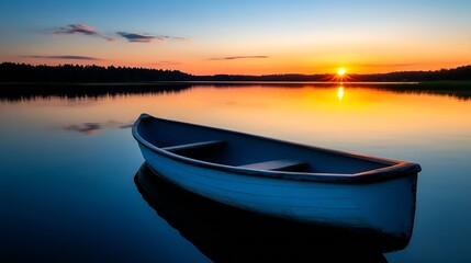 Serene Landscape with a Tranquil Boat on a Still Lake During Sunset Casting Beautiful Reflections on the Water : Generative AI