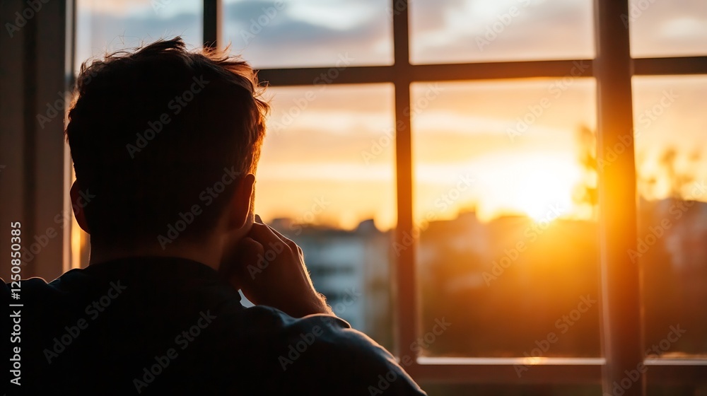 Poster silhouette of a man gazing out of a window watching a beautiful sunset : generative ai