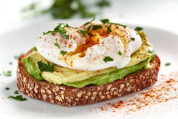 A slice of bread topped with an egg and avocado, perfect for breakfast or snack