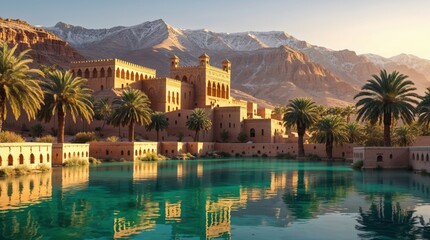 Obraz premium A majestic castle nestled in a serene oasis, surrounded by lush palm trees and reflecting in a crystal-clear pool. The snow-capped mountains in the background add to the dramatic beauty of the scene.