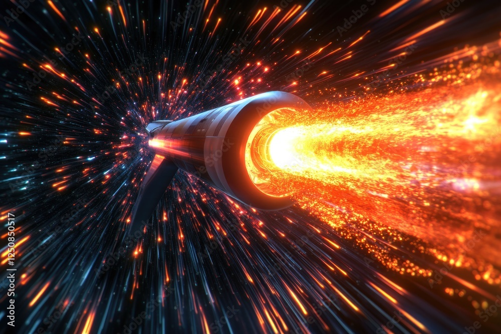 Poster a space rocket soaring through a galaxy filled with stars, perfect for use in futuristic or sci-fi c