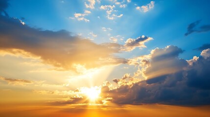 Stunning sunset with sun rays breaking through clouds creating a beautiful atmospheric scene in the sky : Generative AI