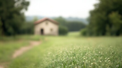 Tranquil countryside scene featuring a blurred house surrounded by lush greenery and pathway