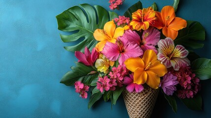 Tropical flowers in ice cream cone on blue background (3)