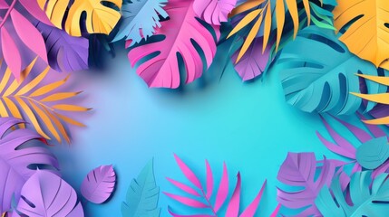 Naklejka premium Vibrant Tropical Paradise: A Colorful Paper Art of Summer Leaves