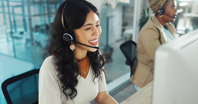 Call center, computer and consulting with woman in office for flight booking, customer support and itinerary planning. Travel agent, help desk and vip program with person in tour guide agency