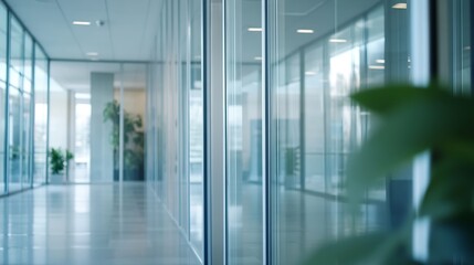 Fototapeta premium Modern Office Hallway with Glass Walls and Green Plants in a Professional Setting : Generative AI