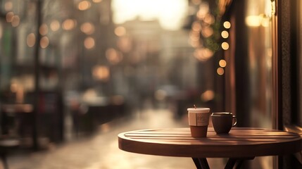 Two coffee cups on a wooden table in a bustling street cafe during sunset, with blurred background