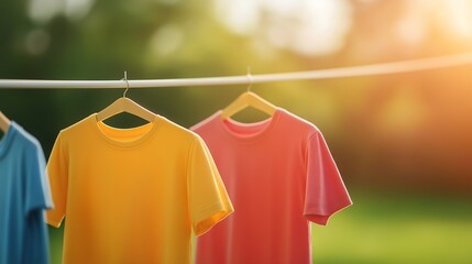 Vibrant t-shirts in bright colors hang on a clothesline against a soft, sunlit background, symbolizing freshness and outdoor living. Ideal for summer lifestyle imagery.