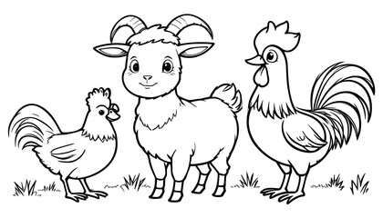 Cute goat surrounded by chickens in a playful farmyard setting during a sunny day generated ai