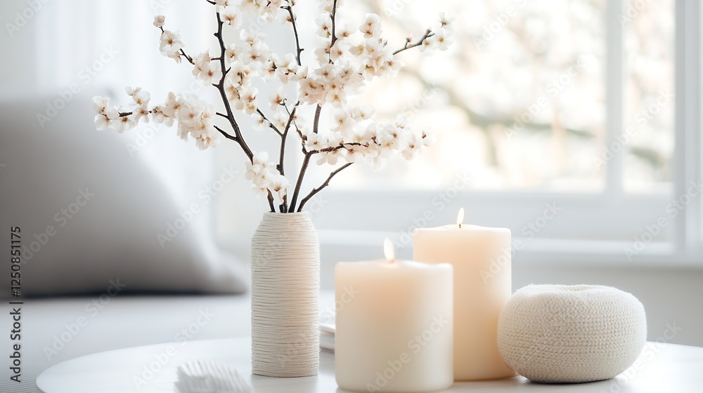 Poster elegant home decor featuring flowers and candles on a table creating a warm and inviting atmosphere 