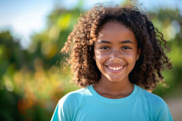 An African American girl with curly hair, wearing a light blue t-shirt, smiles outdoors on a sunny day.